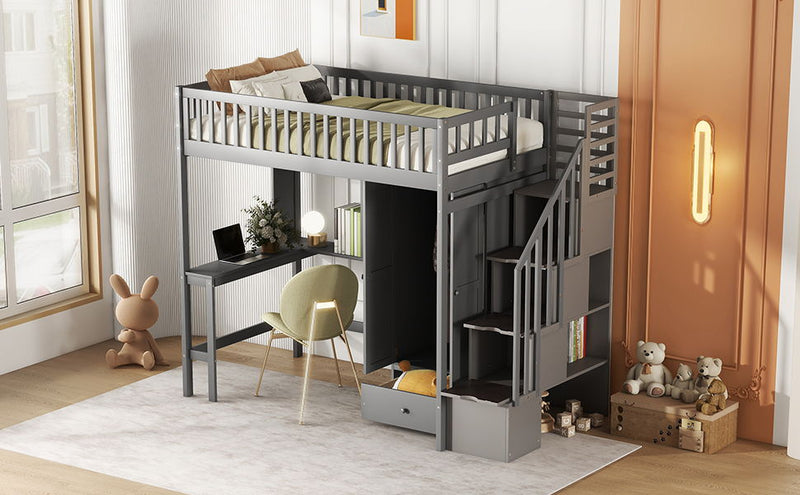 Twin Size Loft Bed With Bookshelf, Drawers, Desk, And Wardrobe - Gray