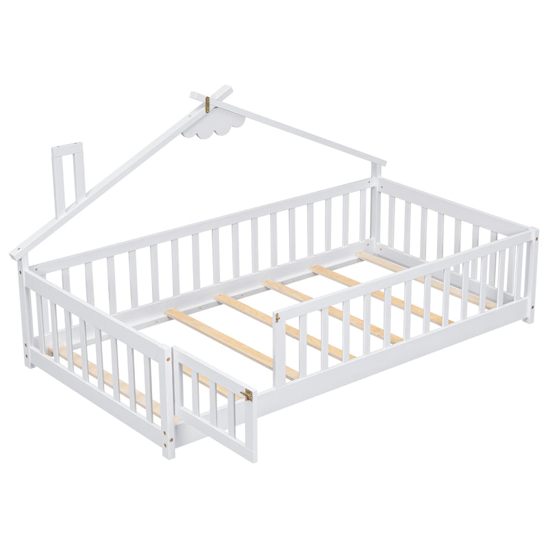 Twin House-Shaped Bedside Floor Bed with Guardrails, Slats, with Door,White