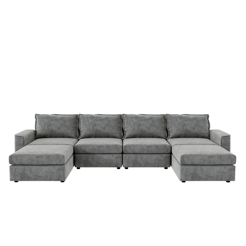 Chenille Modular Sectional Sofa, U Shaped Reversible Couch, Free Combination, 6 Seat Sleeper Sofa Bed With Ottoman, Convertible Oversized Indoor Furniture - Gray