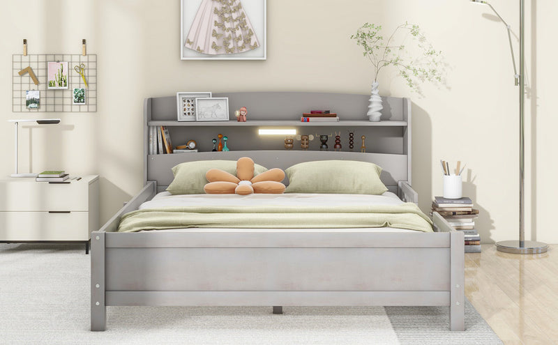 Wood Full Size Platform Bed with Built-in LED Light, Storage Headboard and Guardrail, Antique Grey