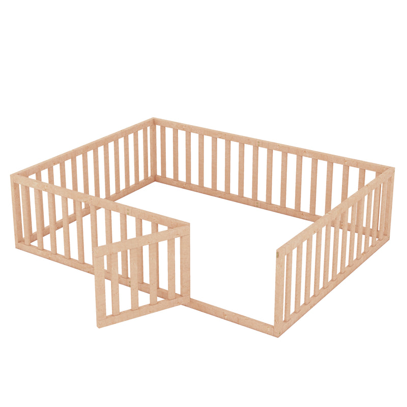 Queen Size Wood Floor Bed Frame with Fence and Door, Natural(OLD SKU:WF289663AAM)