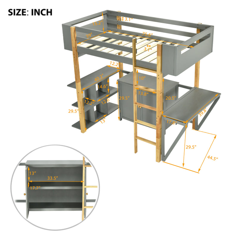 Twin Size Wood Loft Bed With Built-in Storage Cabinet and Cubes, Foldable desk, Gray