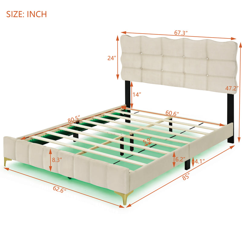 Queen Size Velvet Platform Bed with LED Frame and Stylish Mental Bed Legs, Beige