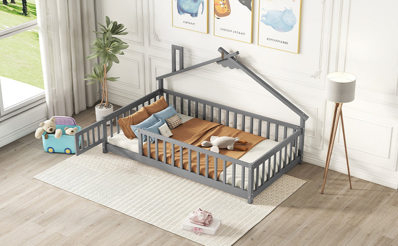 Twin House-Shaped Bedside Floor Bed with Guardrails, Slats, with Door,Grey