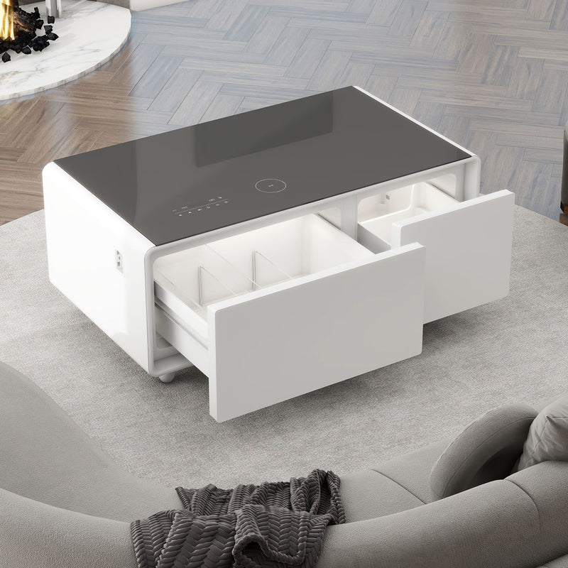 Modern Smart Coffee Table With Built-In Fridge - Bluetooth Speaker, Wireless Charging, Touch Control Panel, USB Interface, Outlet Protection, Atmosphere Light