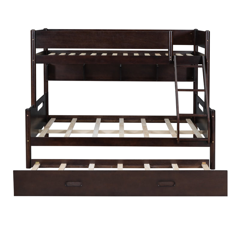 Wood Twin over Full Bunk Bed with Storage Shelves and Twin Size Trundle, Espresso