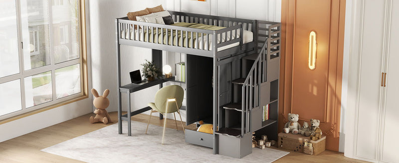 Twin Size Loft Bed With Bookshelf, Drawers, Desk, And Wardrobe - Gray