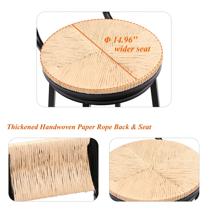 Bar Stools Swivel Counter Chairs With Metal Frame Hand Woven Paper Rope Dining Barstools For Kitchen Counter (Set of 2)