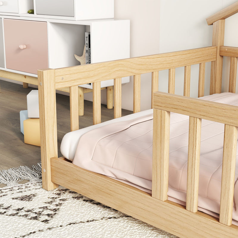 House-Shaped Bedside Floor Bed With Guardrails, Slats, Without Door