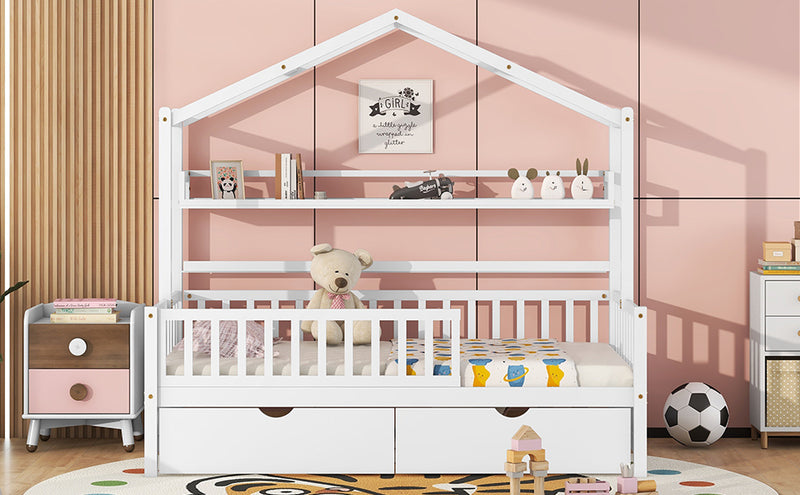 Wooden Twin Size House Bed with 2 Drawers,Kids Bed with Storage Shelf, White