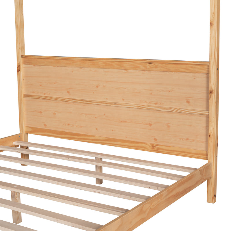 Queen Size Canopy Platform Bed with Headboard and Support Legs,Natural