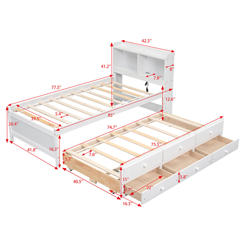 Twin Size Bed with  built-in USB ,Type-C Ports, LED light, Bookcase Headboard, Trundle and 3 Storage Drawers, Twin Size Bed with  Bookcase Headboard, Trundle and Storage drawers  ,White