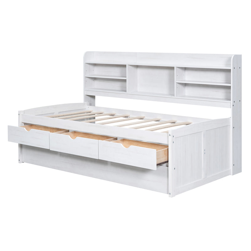 Twin Size Wooden Captain Bed with Built-in Bookshelves,Three Storage Drawers and Trundle, White Wash