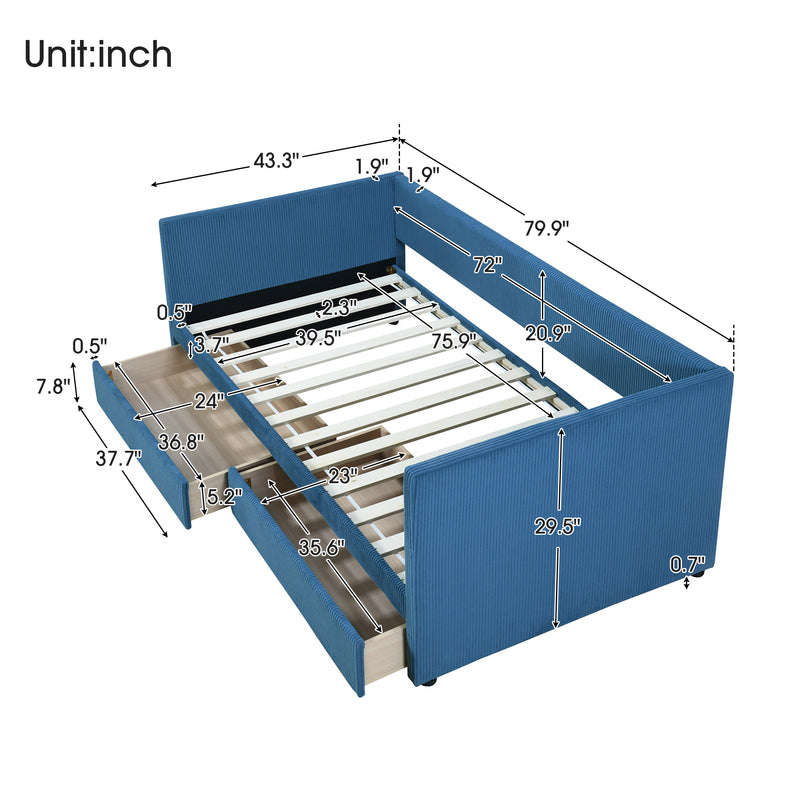 Twin Size Corduroy Daybed with Two Drawers and Wood Slat, Blue