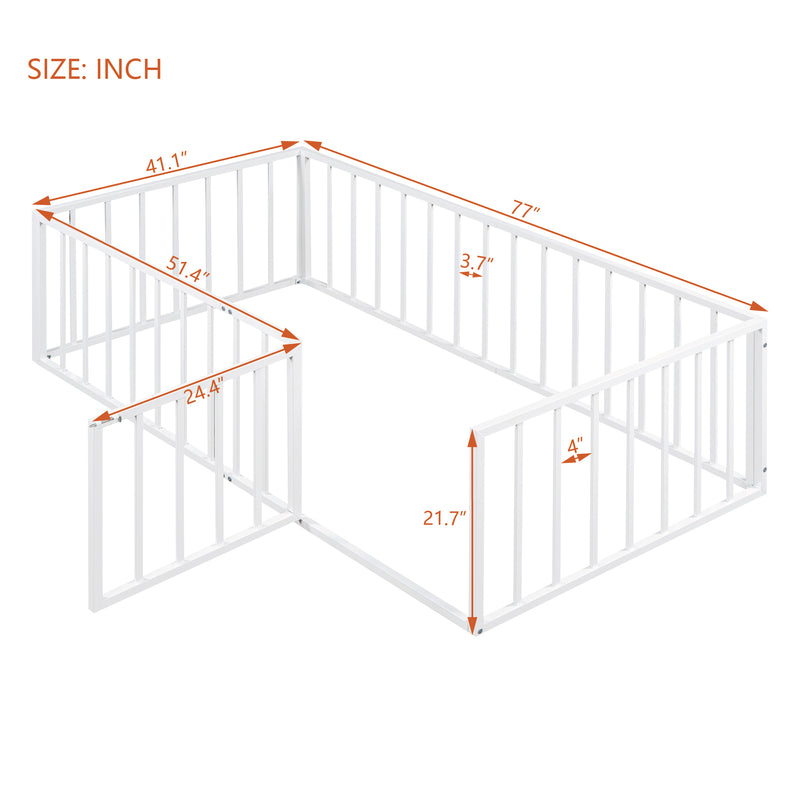 Twin Size Metal Floor Bed Frame with Fence and Door, White