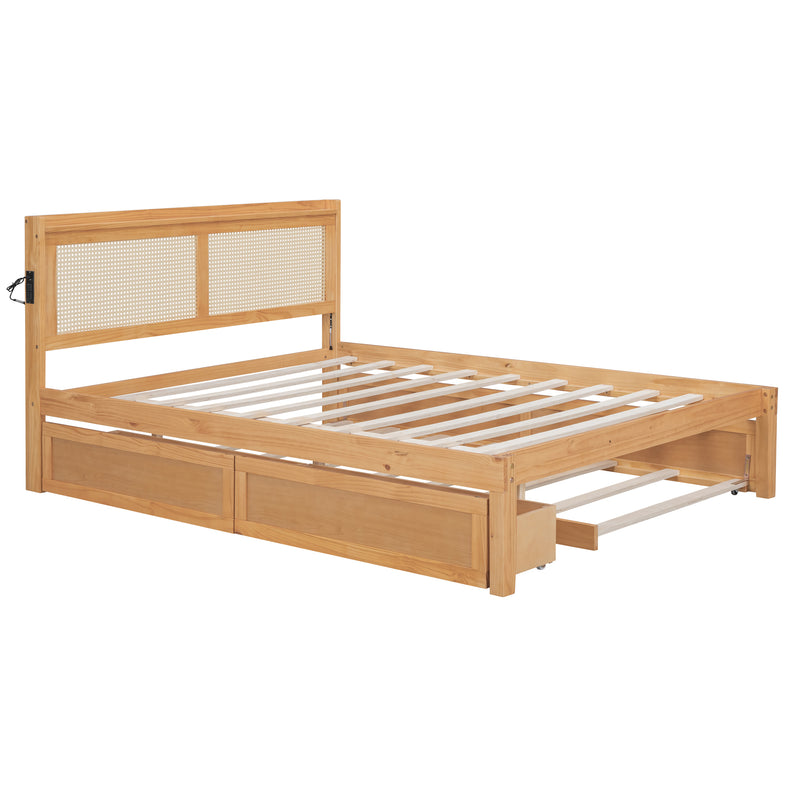 Queen Size Elegant Bed Frame with Rattan Headboard and Sockets ,Walnut