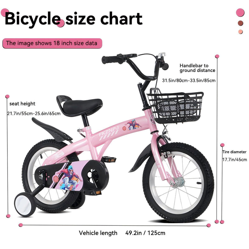 Fkznpj - 18" Sporty Kids Bike With Training Wheels And Stand Adjustable Saddle Suitable For Boys And Girls Aged 5 - 10 Years Tall Height 39 - 49" Available In A Variety Of Colors