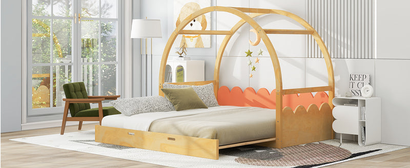 Twin size stretchable vaulted roof bed, children's bed pine wood frame, natural and orange