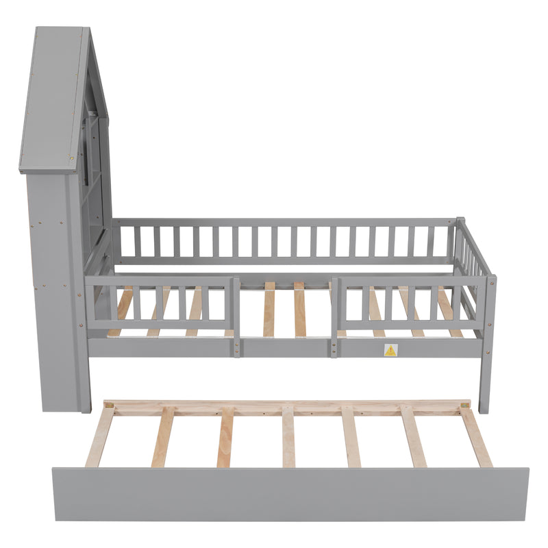 Twin Size House-Shaped Headboard with Fence Guardrails and Trundle ,Grey