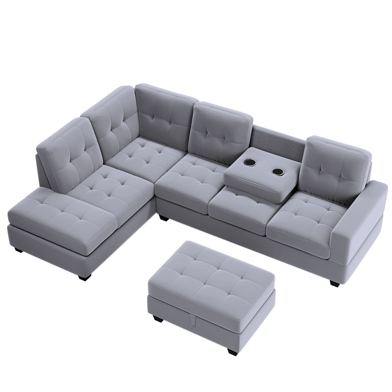 Sectional Sofa With Reversible Chaise Lounge, L-Shaped Couch With Storage Ottoman And Cup Holders