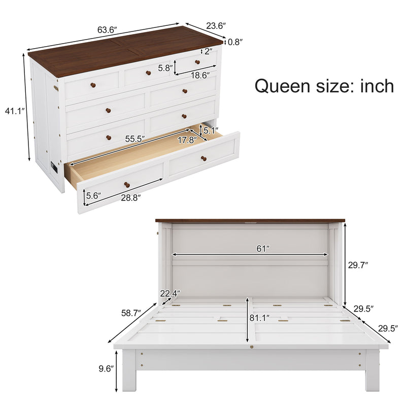 Solid Pine Murphy Bed Chest With Charging Station And Large Storage Drawer For Home Office Or Small Room