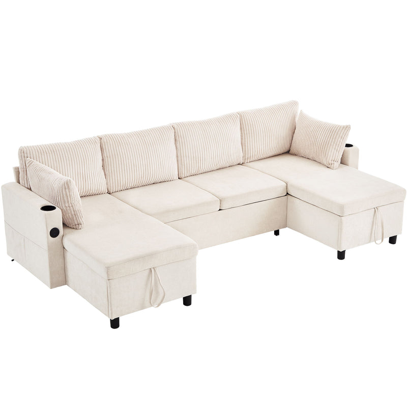 Sectional Sofa Pull Out Sofa Bed Versatile Sofa Sleeper With Large Storage Space, Two USB Ports And Two Cup Holders For Living Room