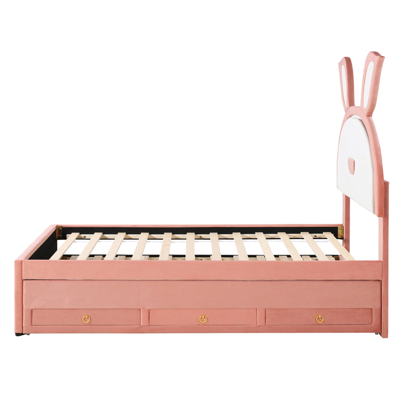 Twin Size Upholstered Platform Bed with Trundle and 3 Drawers, Rabbit-Shaped Headboard with Embedded LED Lights, Pink