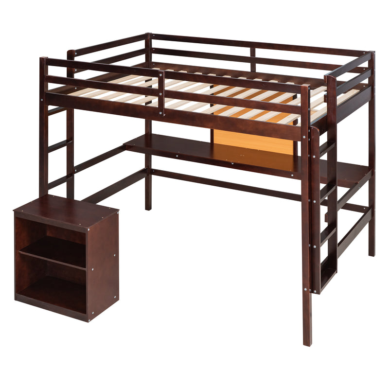 Twin size Loft Bed with Desk and Writing Board, Wooden Loft Bed with Desk & 2 Drawers Cabinet- Espresso