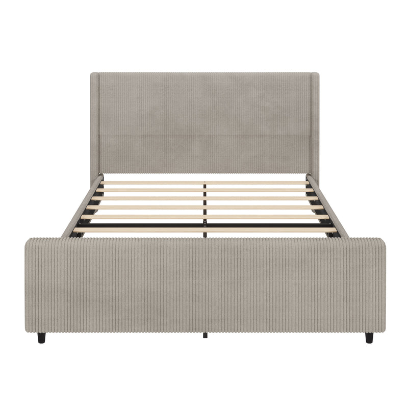 Corduroy Upholstered Bed Frame With Vertical Stripe Wingback And High Footboard No Box Spring Needed