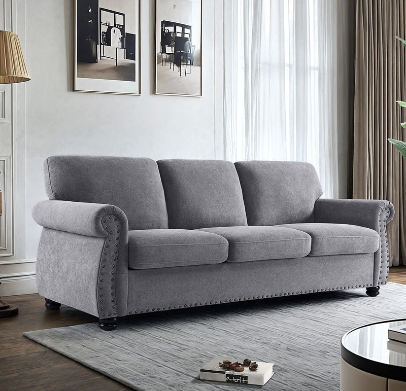 Soft Sofa, Upholstered 3 Seater Couch With High Density Foam, Loose Back Cushions And Turned Legs