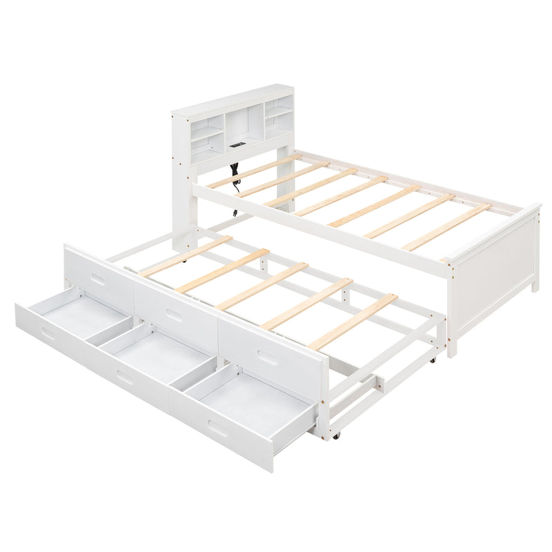 Twin Size Platform Bed with Storage Headboard, USB, Twin Size Trundle and 3 Drawers, White