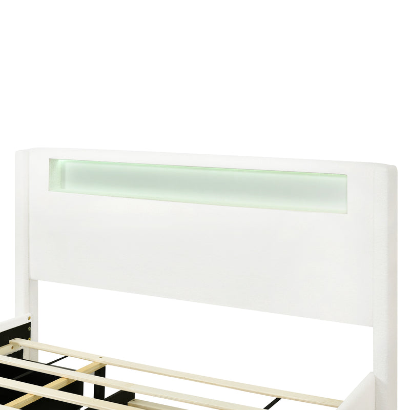 Queen Size Upholstered Platform Bed with LED Frame, with Twin  XL Size Trundle and 2 drawers, Teddy Fleece, White