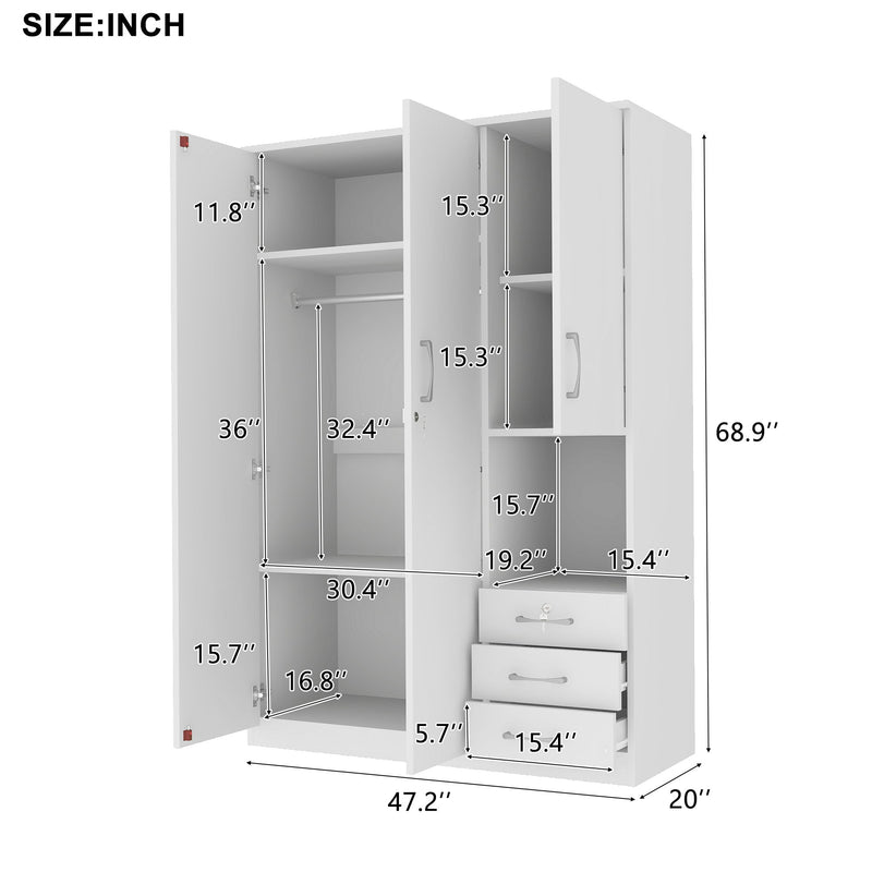 2 Doors Wooden Wardrobe Storage For Bedroom, With Shelves And 3 Drawers