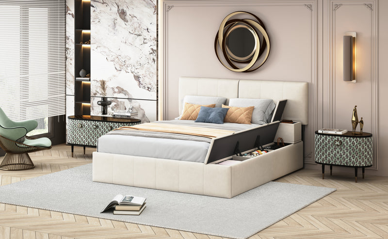 Queen Size Upholstered Platform Bed with Lateral Storage Compartments and Thick Fabric, Velvet, Beige