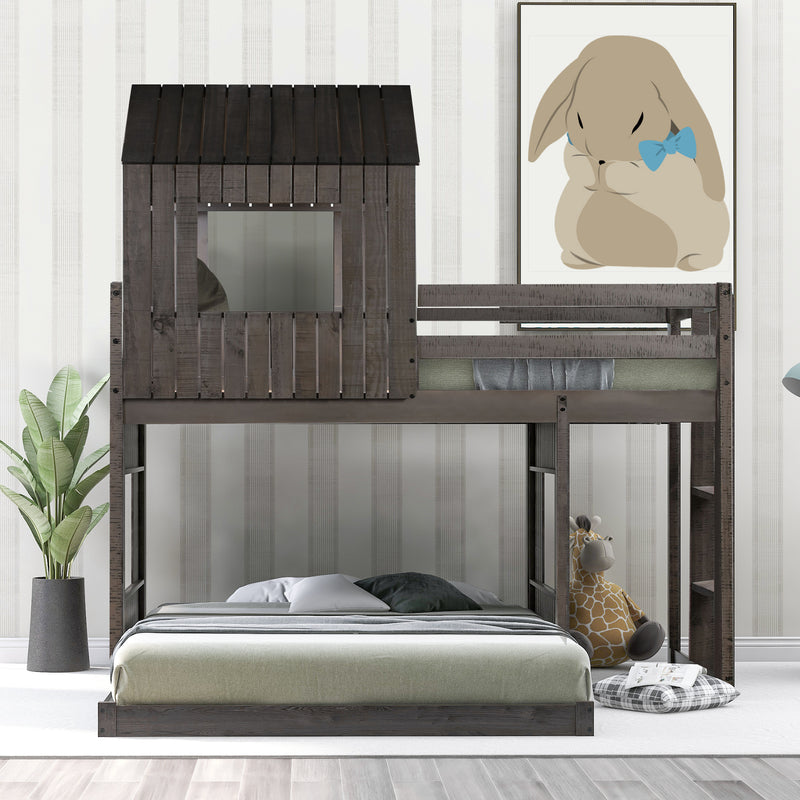 Wooden Twin Over Full Bunk Bed, Loft Bed with Playhouse, Farmhouse, Ladder and Guardrails , Antique Gray( old sku: LT000027AAE )