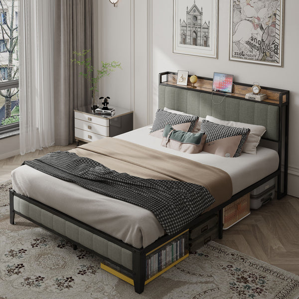 Queen Size Bed Frame with Charging Station, Upholstered Headboard, Metal Platform, Dark Grey