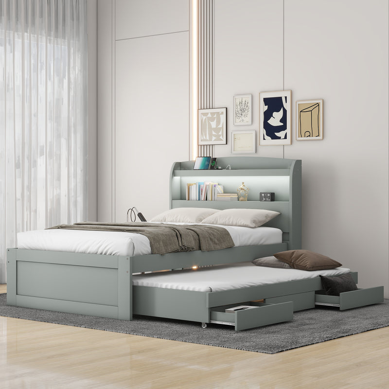 Twin XL Size Platform Bed with Storage LED Headboard, Charging Station, Twin Size Trundle and 2 Drawers, Gray