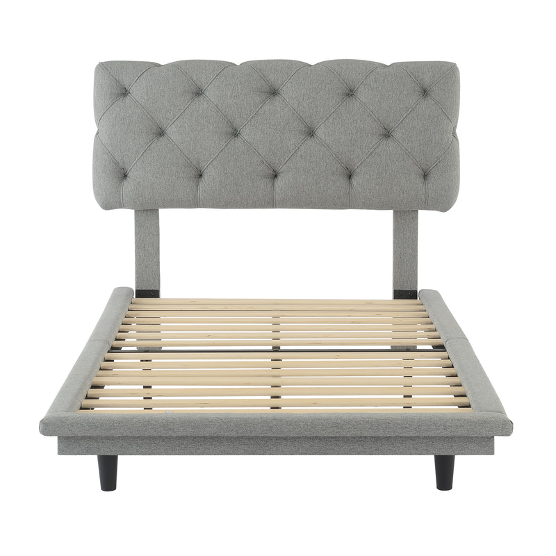 Twin Size Upholstered Bed with Light Stripe, Floating Platform Bed, Linen Fabric,Gray