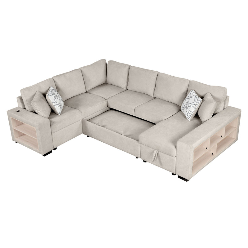 U-Shaped Sectional Sofa Pull-Out Sofa Bed With Two USB Ports, A Storage Chaise Lounge And Four Back Pillows For Living Room