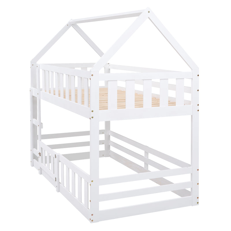 Twin over Twin House Bunk Bed with Fence and Door, White