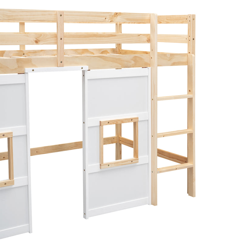 Wood Twin Size Loft Bed with Built-in Storage Wardrobe and 2 Windows, Natural/White