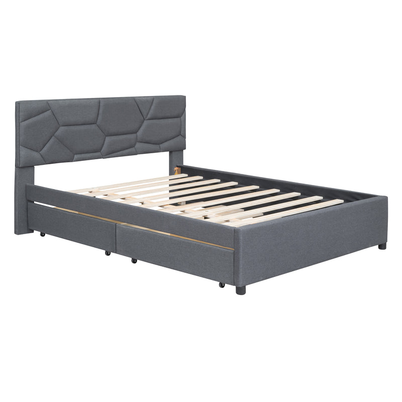 Queen Size Upholstered Platform Bed with Brick Pattern Headboard, with Twin XL Size Trundle and 2 drawers, Linen Fabric, Gray