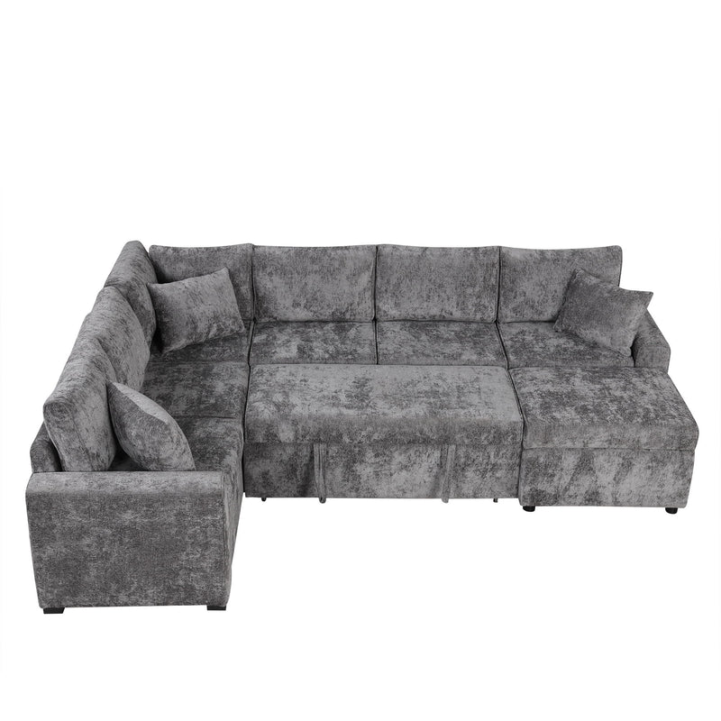 Sectional Sofa Pull-Out Sofa Bed Sleeper With A Storage Ottoman, Three Pillows And Charging Devices For Living Room