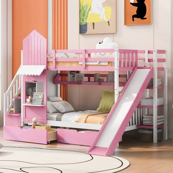 Twin-Over-Twin Castle Style Bunk Bed with 2 Drawers 3 Shelves and Slide - Pink