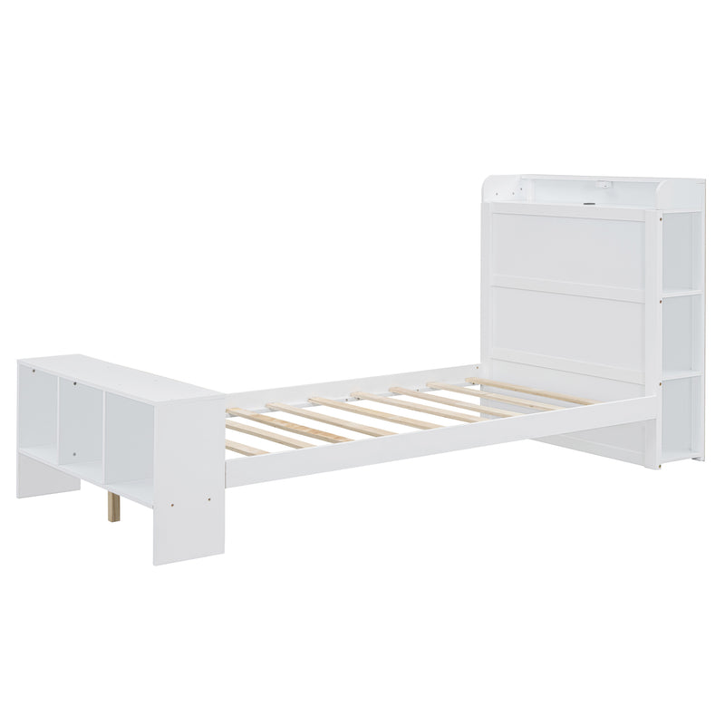 Twin Size Platform Bed with built-in shelves, LED Light and USB ports, White