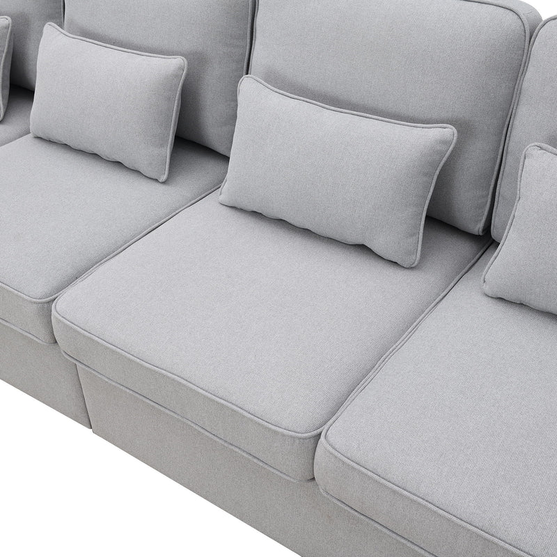 4 Seater Modern Linen Sofa With Armrest Pockets And 4 Pillows, Minimalist Style Couch For Living Room