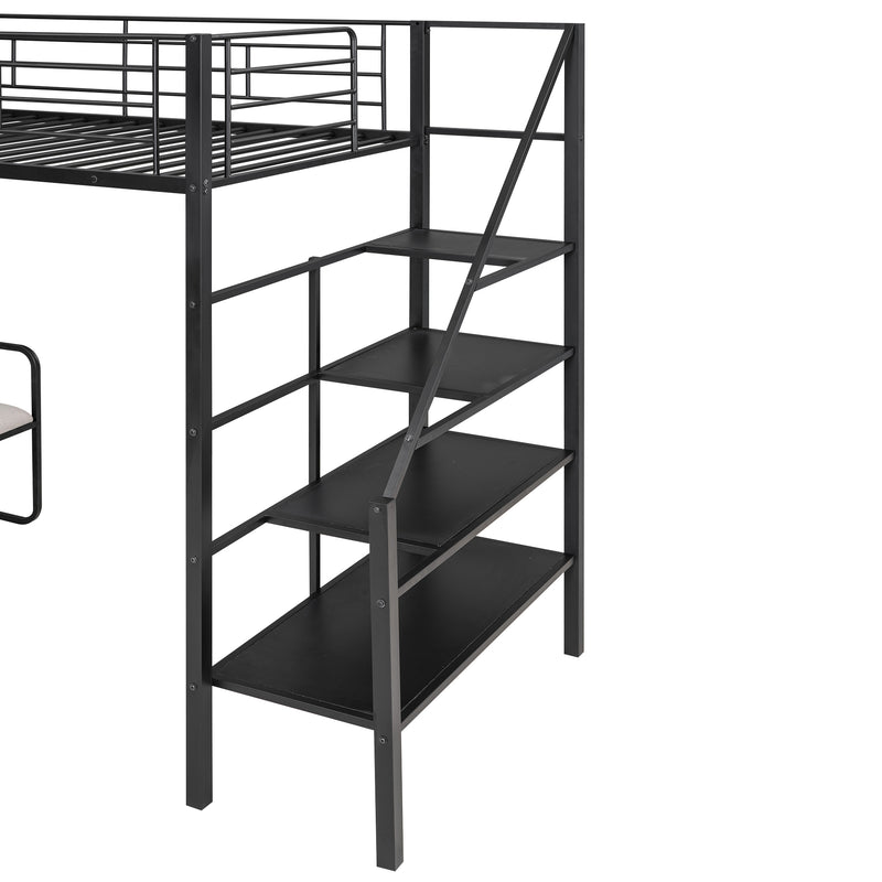 Twin Size Metal Loft Bed with Bench and Storage Staircase, Black