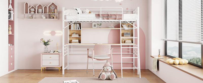 Twin Size Loft Bed with Desk and Shelf , Loft Bed with Ladder,Twin,White