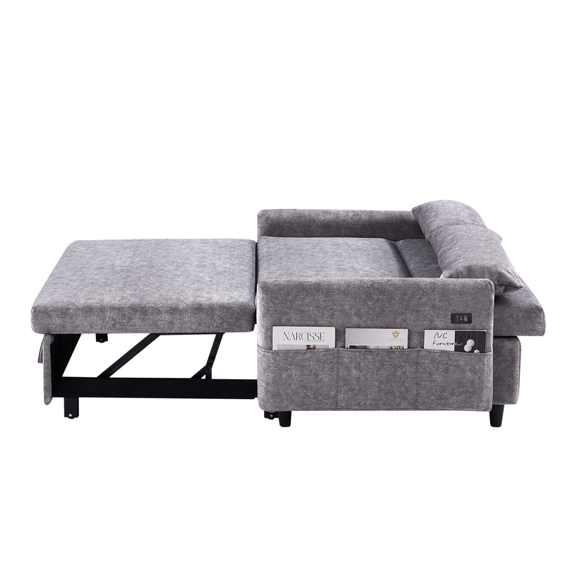 Pull Out Sleep Sofa Bed Loveseats Sofa Couch With Adjsutable Backrest, Storage Pockets, 2 Soft Pillows, USB Ports For Living Room, Bedroom, Apartment, Office