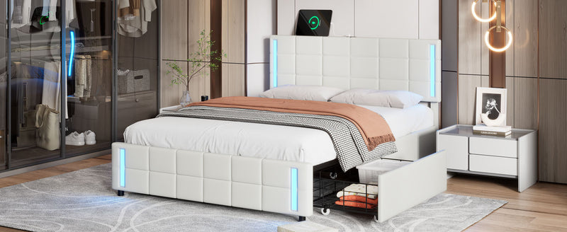 Queen Size Upholstered Platform Bed with LED Lights and USB Charging, Storage Bed with 4 Drawers, White